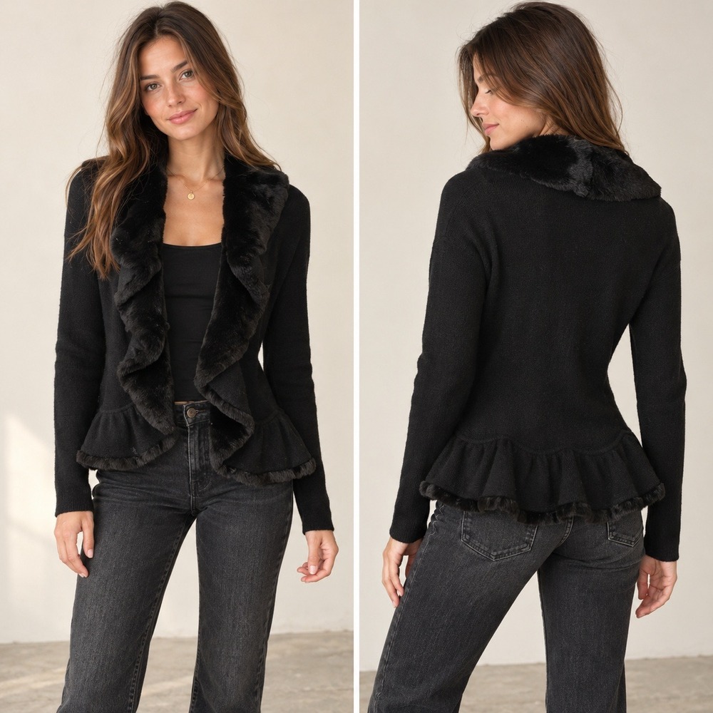 TSE Black Cashmere Fur Trim Open Front Cardigan Small Luxury Whimsigoth Ruffle